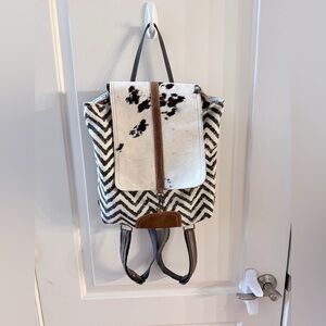 Myra Bag Black & White Chevron Backpack with Cowhide Flap and Brown Trim
